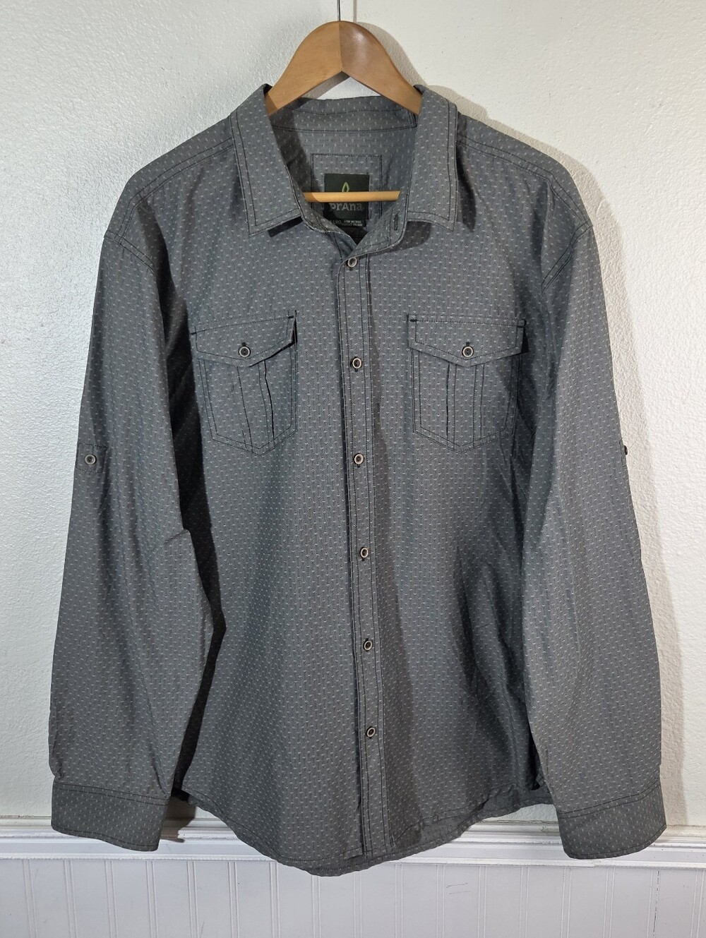 prAna Ascension Shirt Mens XL Gray Geometric Dobby Roll Tab Outdoor Hiking Nylon